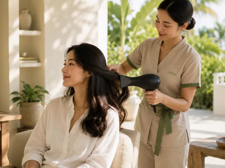 Client having her hair blow-dried by a stylist in a bright, plant-filled room