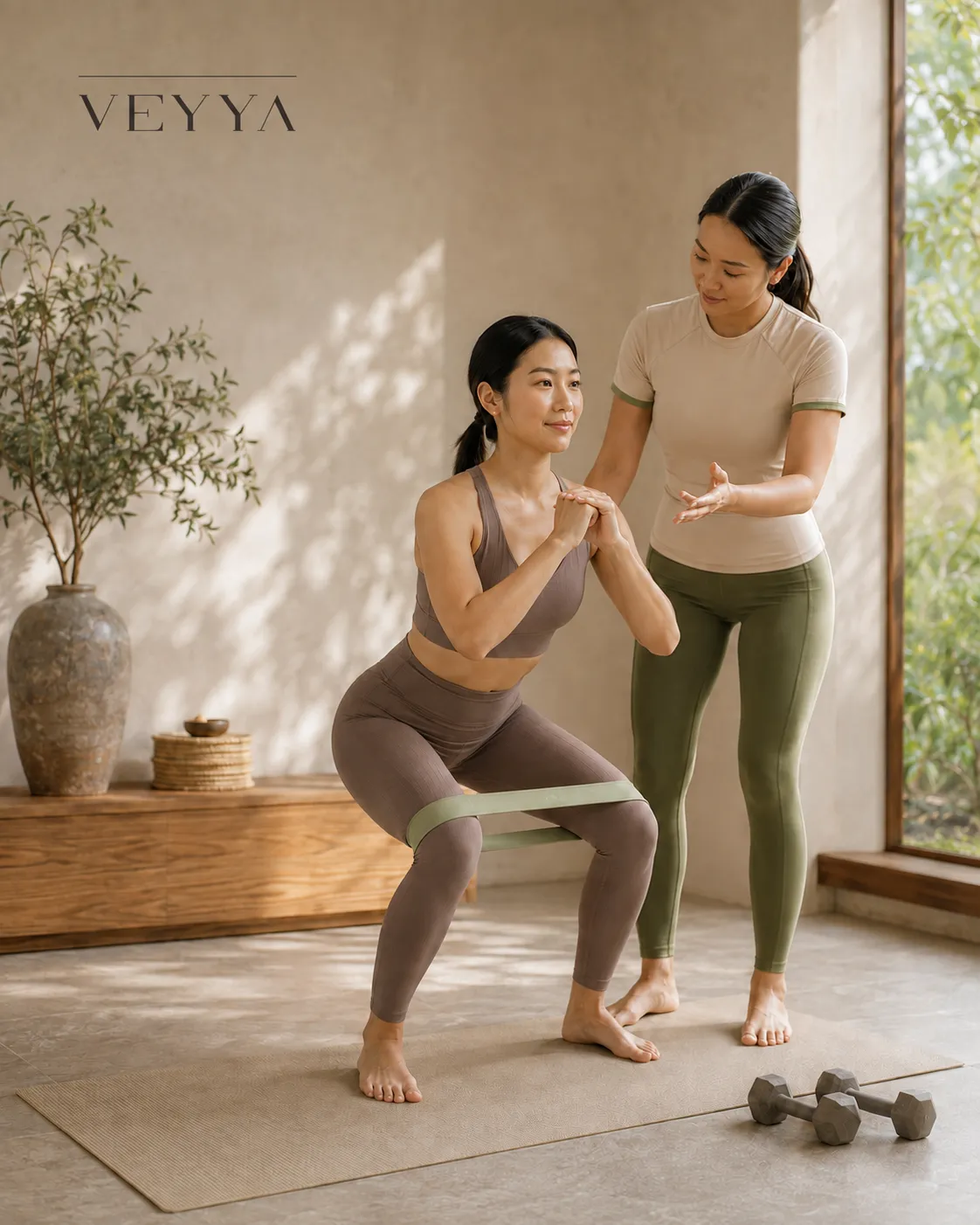 A personal trainer guiding a client through a squat with a resistance band in a bright Bangkok condo, in front of the Veyya branded wall.