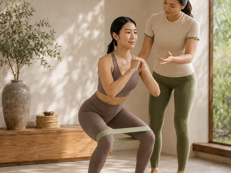 A personal trainer guiding a client through a squat with a resistance band in a bright Bangkok condo, in front of the Veyya branded wall.