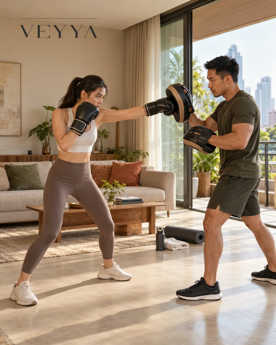 A woman in boxing gloves throws a punch at a trainer’s focus mitts in a bright, modern living room with city views, a yoga mat and water bottle on the floor nearby. The Veyya wordmark sits in the top left.