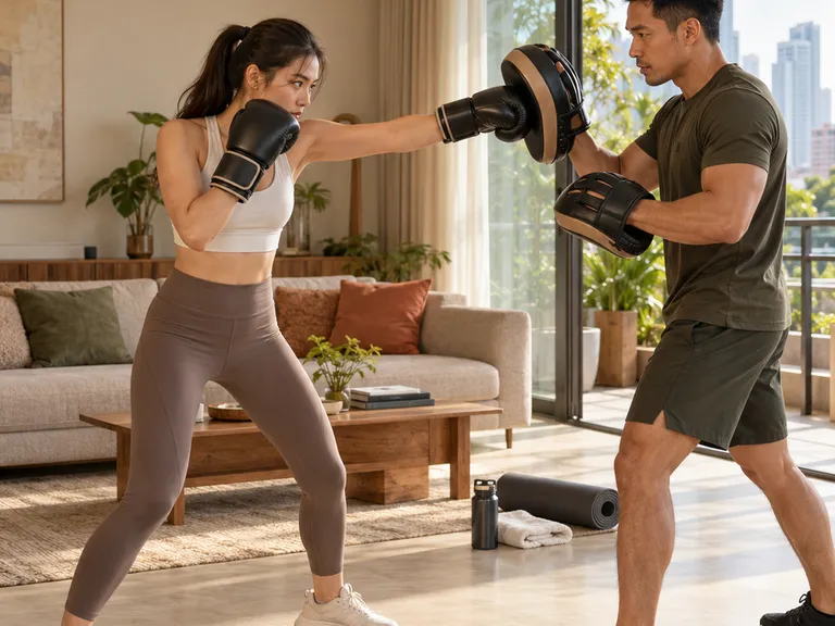 A woman in boxing gloves throws a punch at a trainer’s focus mitts in a bright, modern living room with city views, a yoga mat and water bottle on the floor nearby. The Veyya wordmark sits in the top left.