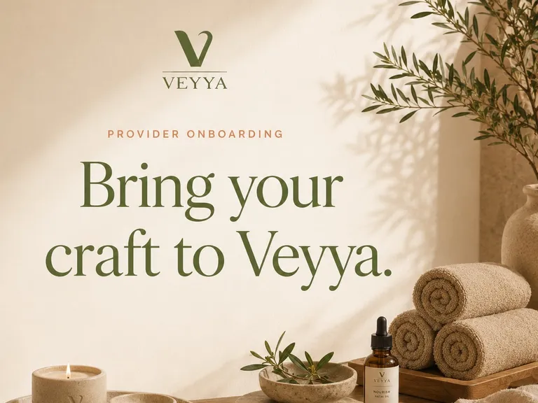 A styled Veyya provider onboarding scene with candles, a facial oil bottle and rolled towels, with the headline "Bring your craft to Veyya," representing provider onboarding and support.