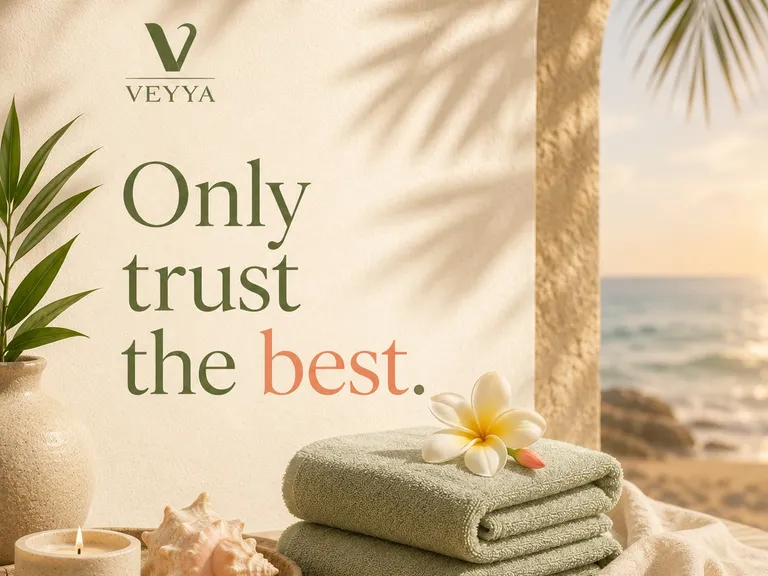 A branded Veyya lifestyle image with the tagline "Only trust the best", showing folded green towels, a plumeria flower, a lit candle and a seashell arranged with an ocean view, used here to carry Veyya's trust and quality message.