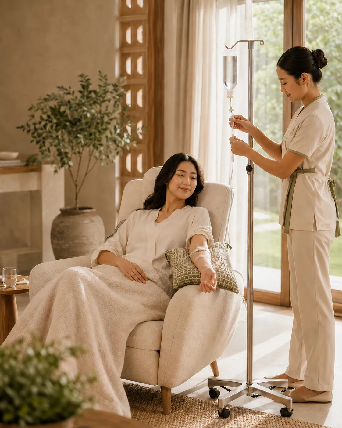 A woman relaxes in an armchair receiving an at-home IV drip while a Veyya nurse adjusts the drip stand in a bright, calm Bangkok living room.