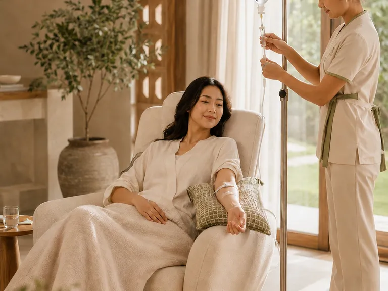 A woman relaxes in an armchair receiving an at-home IV drip while a Veyya nurse adjusts the drip stand in a bright, calm Bangkok living room.
