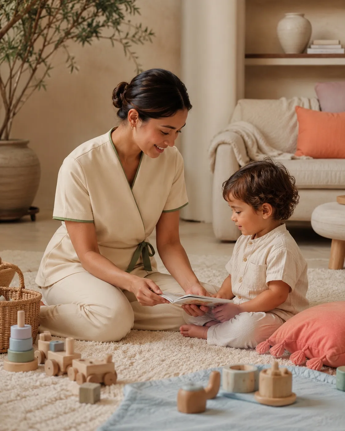 A carer in a cream uniform reading a picture book with a toddler on a rug in a bright Bangkok living room, representing at-home childcare work with Veyya.