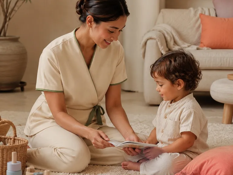 A carer in a cream uniform reading a picture book with a toddler on a rug in a bright Bangkok living room, representing at-home childcare work with Veyya.