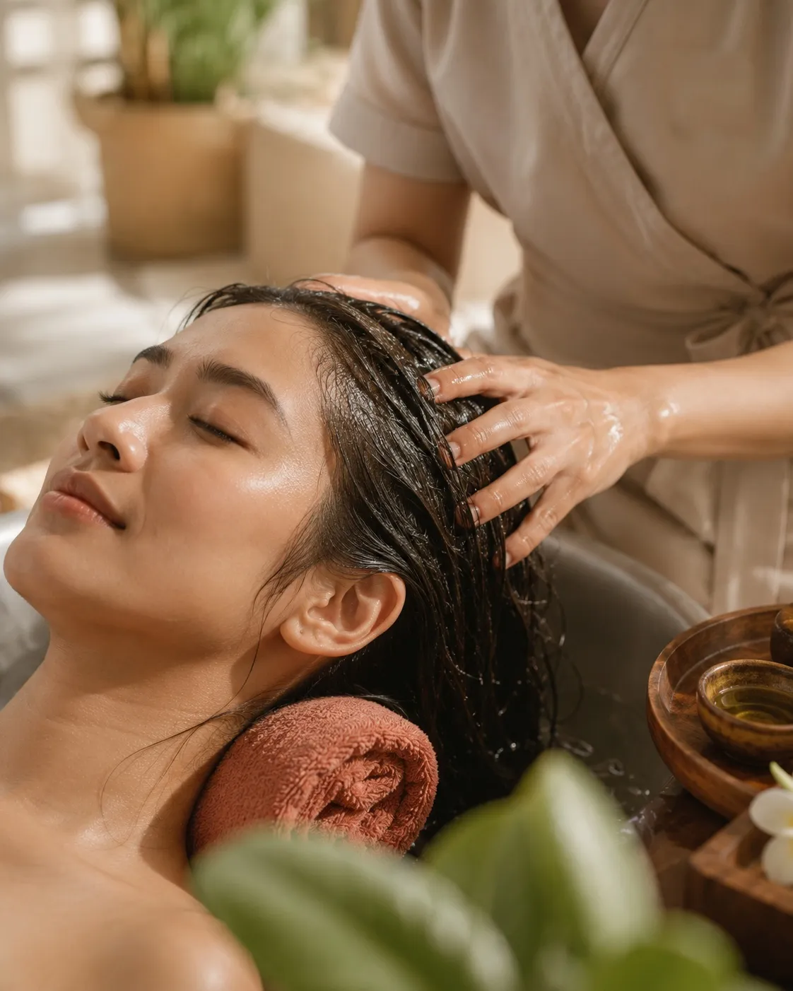 A therapist giving a relaxing scalp massage in a calm spa setting, representing wellness services for company staff booked through Veyya for Business.