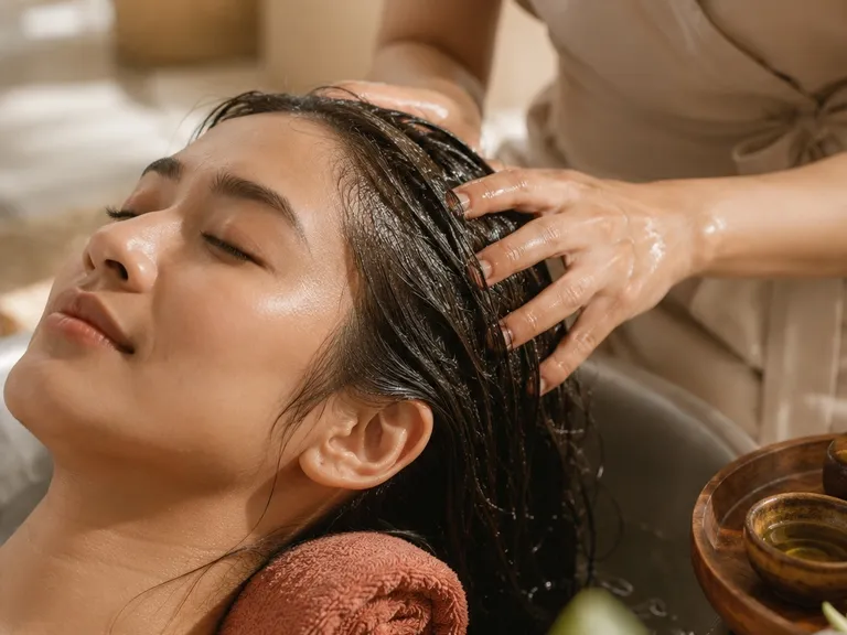 A therapist giving a relaxing scalp massage in a calm spa setting, representing wellness services for company staff booked through Veyya for Business.
