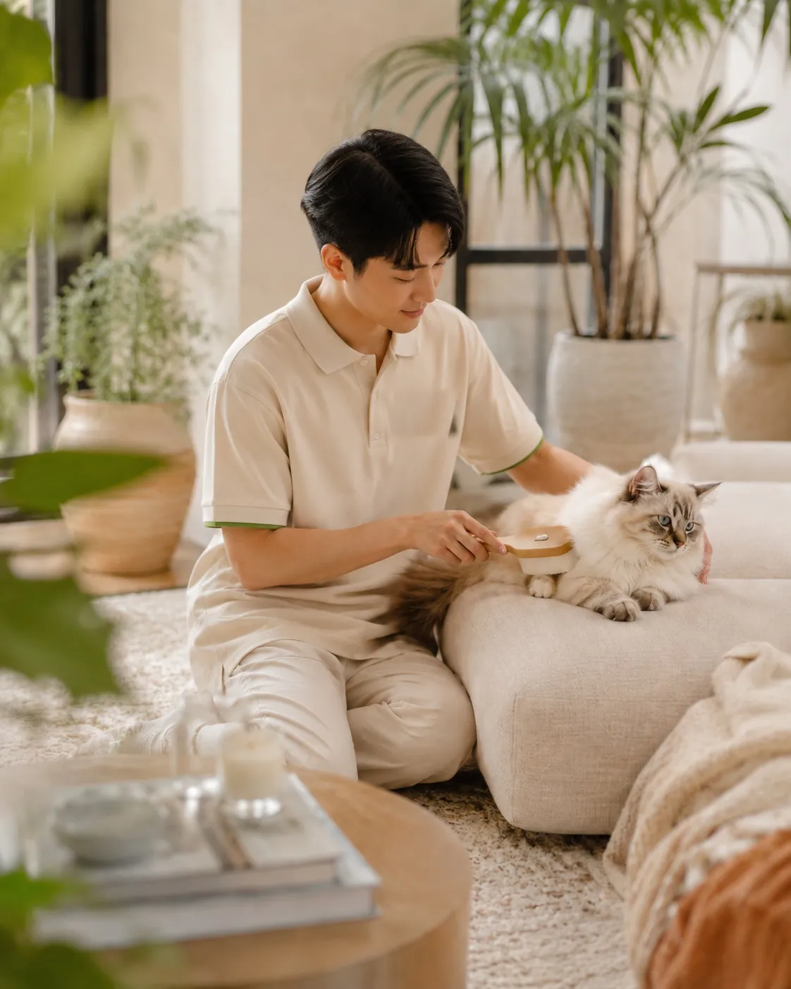 A Veyya groomer brushing a cat on a sofa in a bright Bangkok condo, representing at-home pet grooming.