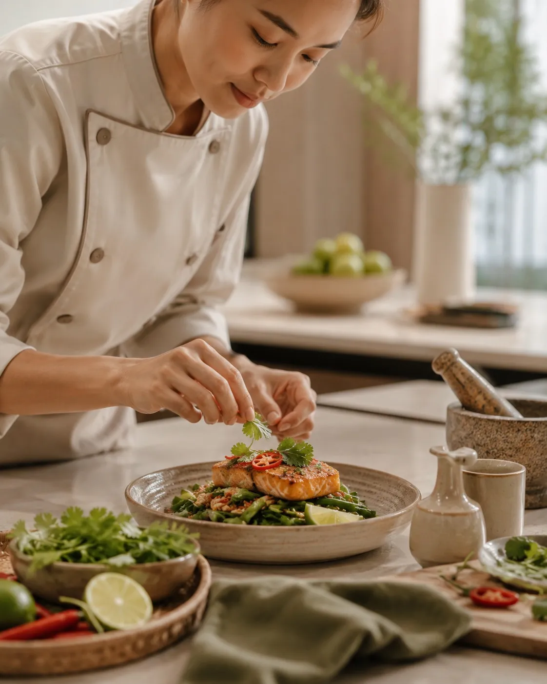 A chef in whites garnishing a plated salmon dish in a bright home kitchen, representing private chef work booked through Veyya.
