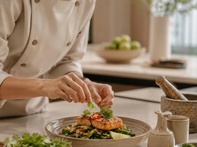 A chef in whites garnishing a plated salmon dish in a bright home kitchen, representing private chef work booked through Veyya.