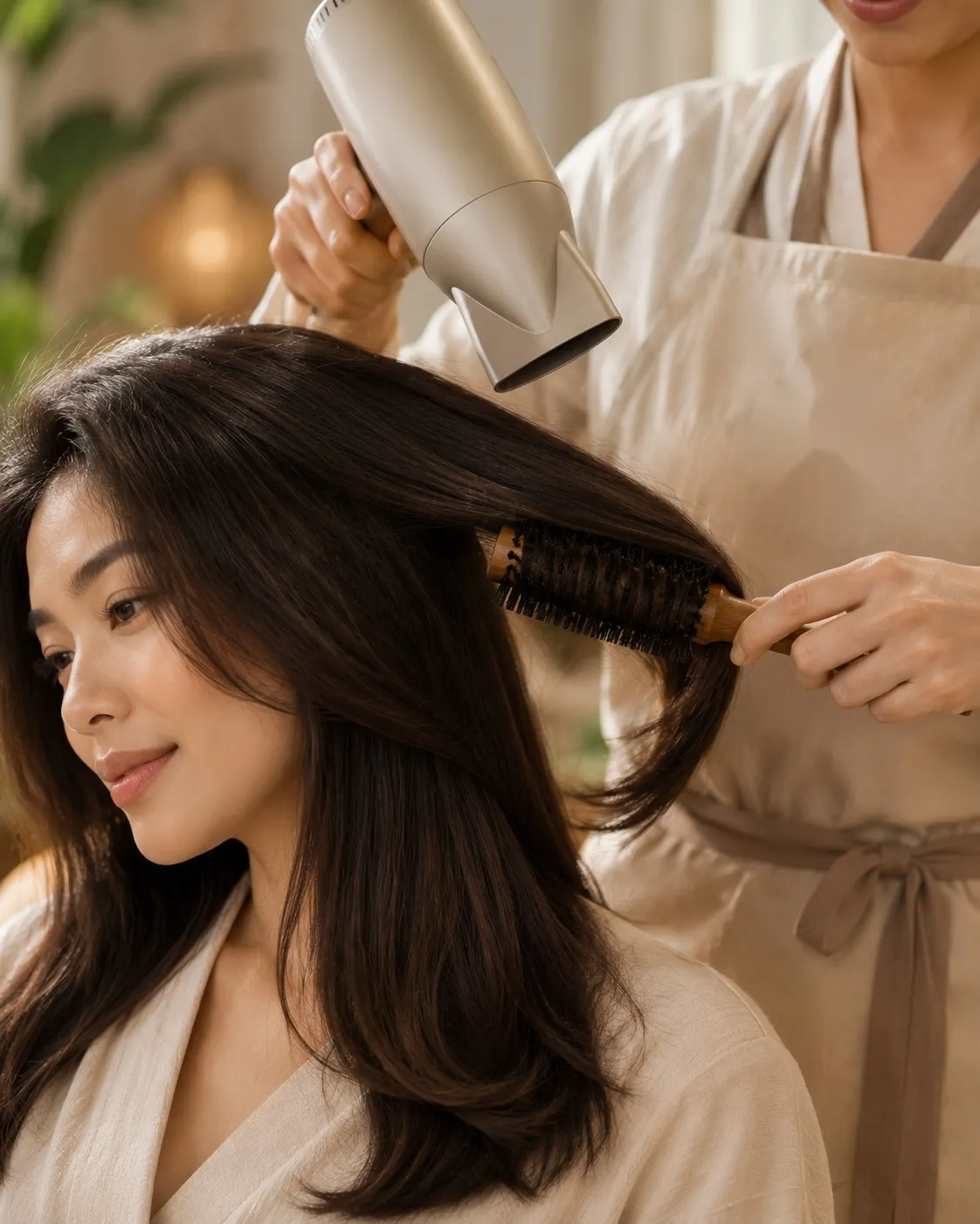 A stylist blow-drying a client's hair in a bright salon, representing spa and salon calendar planning with Veyya.