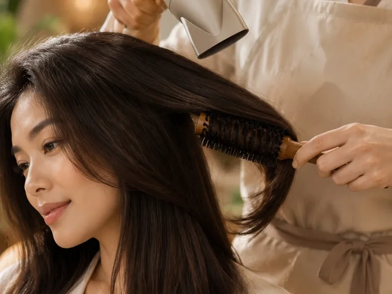A stylist blow-drying a client's hair in a bright salon, representing spa and salon calendar planning with Veyya.