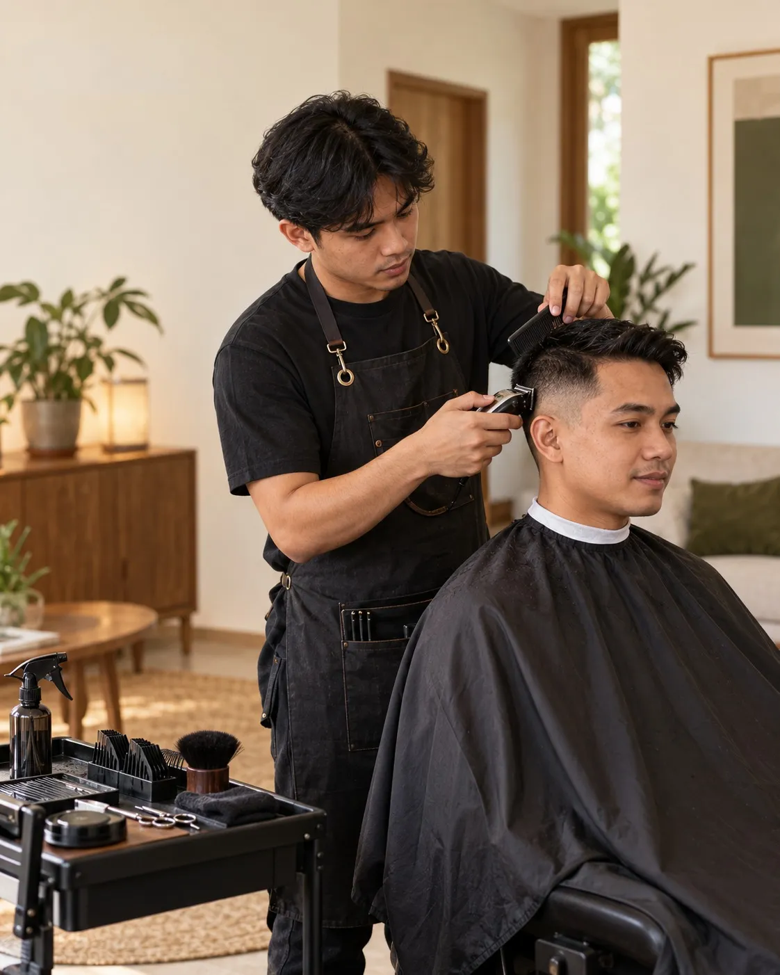 A barber giving a client a haircut in a bright Bangkok living room, representing at-home men's and kids' haircuts with Veyya.