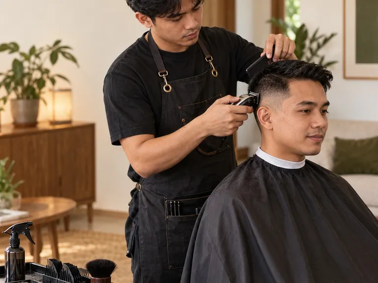 A barber giving a client a haircut in a bright Bangkok living room, representing at-home men's and kids' haircuts with Veyya.